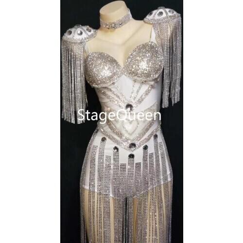 DS DJ Bodysuit Women White Crystals Epaulet Bodysuit Sparkly Tassel Outfit Celebrate Costume Stage Party Singer Dance Costume