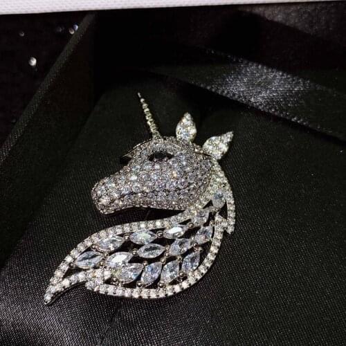 Fashion Unicorn Brooch Full Inlay Shiny Zircon S925 Dainty Bow Pearl Jewelry For Women Party Snowflake Christmas Statement Gift