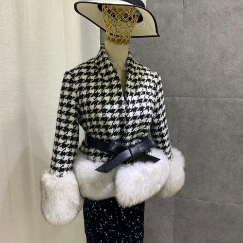 Winter New Ladies Wool Houndstooth Coat With Real Fox Fur sleeves Hem Wool Blends Outerwear Ladies Streetwea