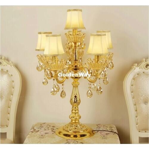 Golden Alloy D47cm H75cm 6Lights Golden luxury LED AC crystal table lamp European style bedroom bedside lighting fixture AC Lamp
