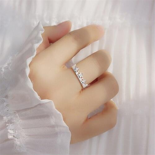 2021 Hot Sale Sweet Girl Princess Little Crown Opening Plain Silver Hollow Flower Ring Women Hand Jewelry Gift Wholesale J01216