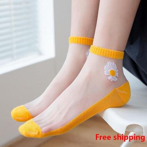 5 Pairs Womens Socks With Flowers Summer Transparent Boat Socks Leisure Shallow Top Invisible Nylon Ankle Socks