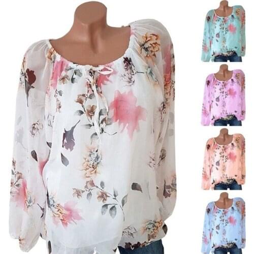 5XL Loose Women Blouses 2021 Summer Blouse Tops Female Casual Slash Neck Long Sleeve Printed Chiffon Shirt Large Size