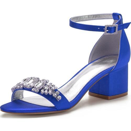 Mid Heels Satin Rhinestones Wedding Sandals Shoe for Bride Block Heel Open Toe Prom Evening Formal Party Dress Sandals Summer
