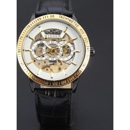 WINNER Round Watches Luxury Men Alloy Hollow Automatic Mechanical Watch Casual Movement with Genuine Black Leather Band Watch