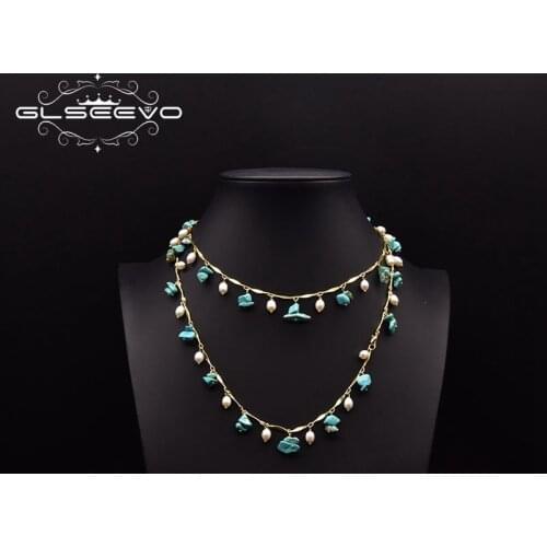 GLSEEVO Natural Freshwater Pearl Long Necklace For Woman Couple Dating Turquoise Luxury Double Pendant Chain Jewelry GN0271