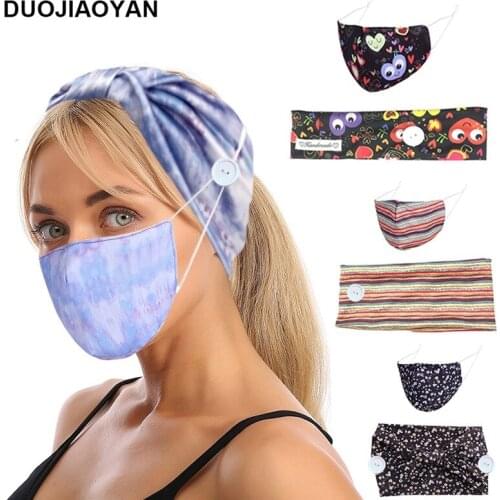New personality Printed elastic headband mask sunscreen breathable headband set with button hairband