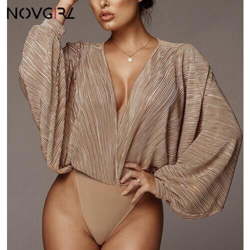 Novgirl Sexy Deep V Neck Long Sleeve Loose Women Jumpsuit 2019 Spring Autumn Patchwork Fashion Bodysuit Clubwear Casual Overalls