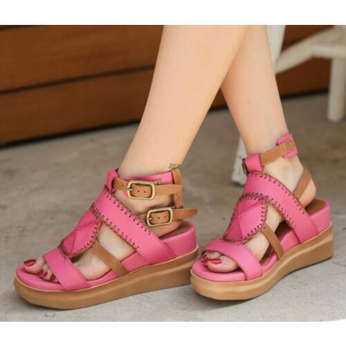 Brown Pink Girls Open Toe 100% Genuine Leather Retro Buckles Platform Wedge Sandals Comfortable Casual High Heels Shoes Lady
