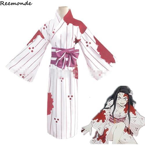 Anime Kamado Nezuko Cosplay Costume Demon Slayer Kimetsu no Yaiba Kimono Women Blood Stain Dress Uniform Synthetic Hair Wig Girl