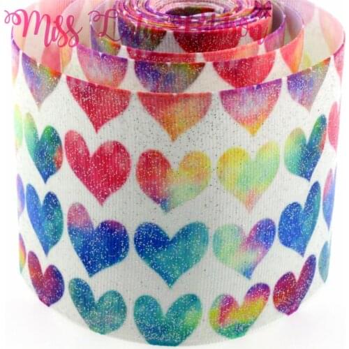 75mm Rainbow Heart Printed Grosgrain Ribbon Glitter Silver Powder Bands DIY Handmade Hair Clip Hair Accessories 5 Yards