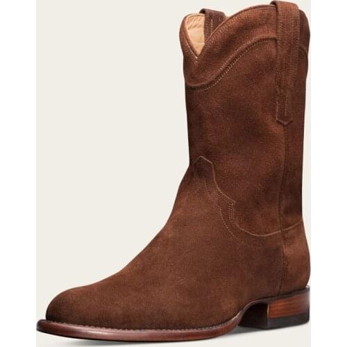 Man Western Cowboy Boot Flock Mid Calf Work Mens Boots Handmade British Gentlemen Style Low Heel Pointed Toe Slip On Shoes Boots