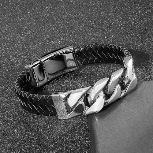 HaoYi 316 Stainless Steel Mens Simple Style Skeleton Punk Leather Braided Bracelet Jewelry