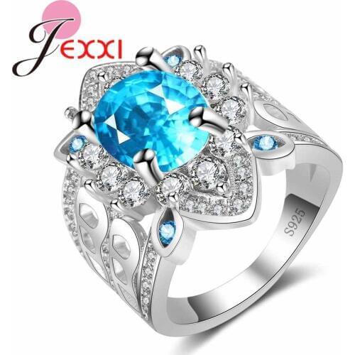 New Finding Wedding Ring Fashion Hollow Wide Band Mosaic White Blue Austrian Crystal 925 Sterling Silver Ring