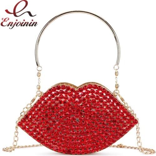 Luxury Diamond Red Lips Evening Clutch Bag for Women New Hollow Out Small Metal Cage Ladies Rhinestone Purses and Handbags