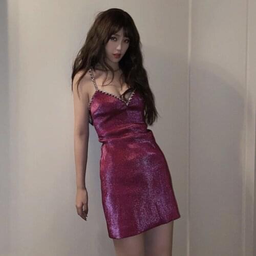 Sexy Luxury Purple Rhinestone Sleeveless Glitter Party Vest Dress 2021 Summer Crystal Diamond Sparkly V Neck Backless Mini Dress