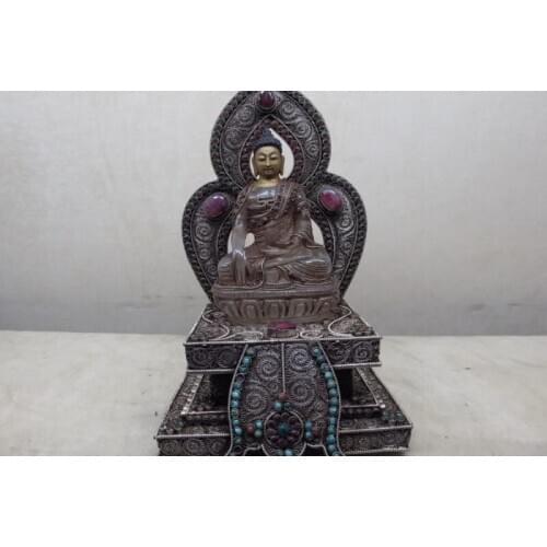 Tibet Silver handwork inlay ruby emerald Crystal RuLai Sakyamuni Buddha Statue