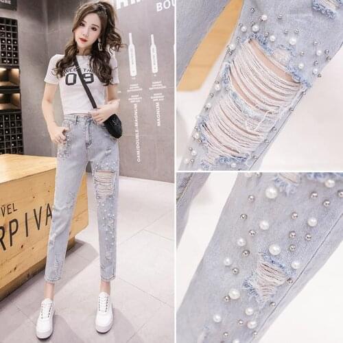 Beggars' pants spring wear new hole jeans womens Pearl style 9-point pants are thin and versatile