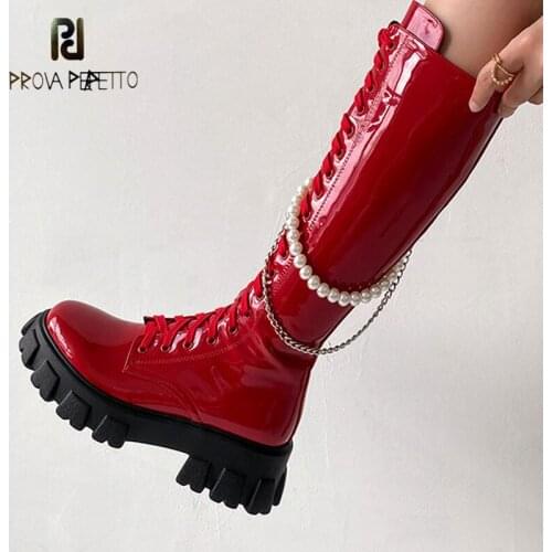 Autumn and Winter New Round Toe Thick Heel Waterproof Platform High Boots Female Side Zipper Pearl Metal Chain Knee-length Boots