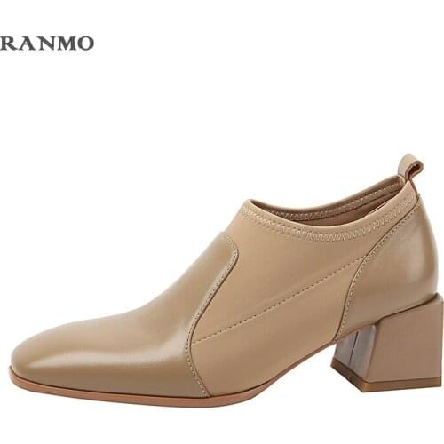 2021 Elegant Square Toe Autumn Summer Women Pumps Cow Leather Square High Heels Slip on Female Shoes Size 34-43 Shoes for Women