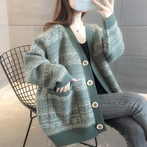 2021 Autumn Winter Women Warm Knitted Sweaters Female V Neck Thick Print Long Sleeve Cardigan Lady Loose Button Cardigan P647