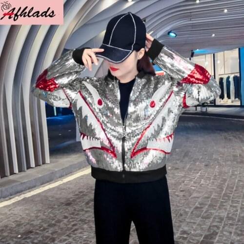New spring And Autumn Women Long-Sleeved 2021 Stand Collar Coat Sequined Streetwear hip hop Party Women Jacket Outerwear