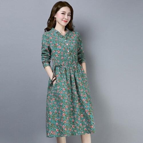Plus Size 2021 Spring Loose Long Sleeve Women Dress Linen Print dress Vintage Pockets Mid-Calf Dress women
