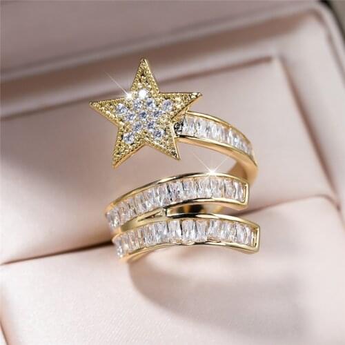 Vintage Female White Zircon Open Ring Classic Gold Silver Color Engagement Ring Luxury Crystal Star Wedding Rings For Women