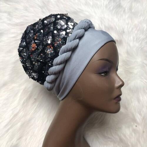 2021 NEW women headtie gele sequines turban cap African Women Head-Wrap Cap Auto Gele Nigerian Turban Gele auto gele