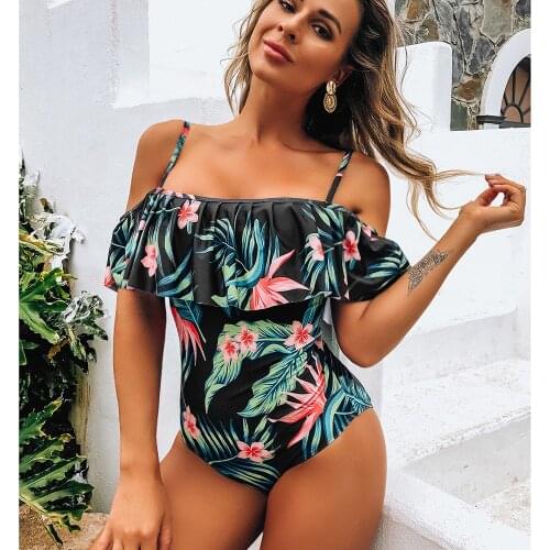 2021 Sexy One Piece Swimsuit Classic Off Shoulder Women Swimwear Ruffle Monokini Retro Floral Bodysuit Vintage Bathing Suit Girl