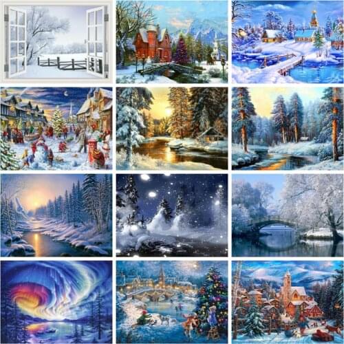 Huacan 5d Diamond Painting Full Drill Winter Forest Scenery Diamond Embroidery Mosaic Snow Tree River Landscape Home Decor