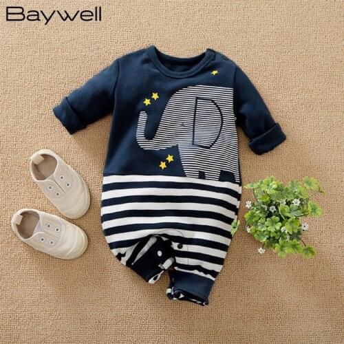 Baywell Baby Boys Girls Clothes Cartoon Elephant Long-sleeved One-piece Jumpsuit Newborn Cotton Romper Infant Outdoor Clothing