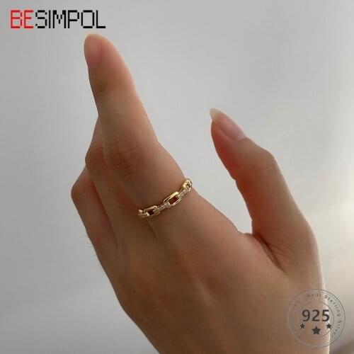 Besimpol 100% Real 925 Sterling Silver Rings Minimalist Style Designer Chain Link Diamonds Rings For Women Fashion Fine Jewelry