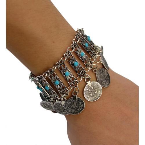 2019 Bohemian Gypsy India Jewelry Antique color Plated Retro Coins Tassel Green Stone Bracelets & Bangles for Women Girls Party
