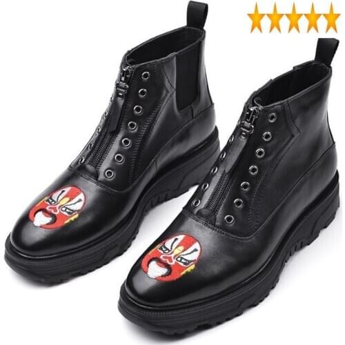 Platform Mens Thick British Fashion Retro Front Zip High Top Boots Designer Height Increasing Embroidery Shoes Men