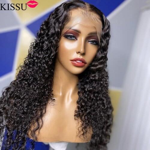 KISSU Deep Curly Frontal Wig Pre Plucked Brazilian 30 Inch T Part Kinky Curly Lace Front Human Hair Wigs For Women Closure Wig