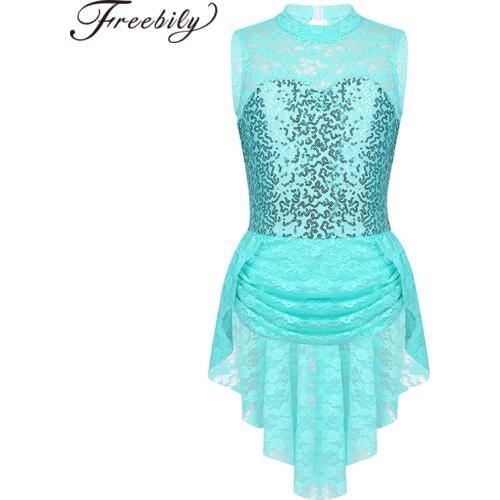 Kids Girls Sequins Floral Lace Ballet Leotard Child Keyhole Back Ballet Tutu Dress Figure Skating Stage Lyrical Dance Costumes