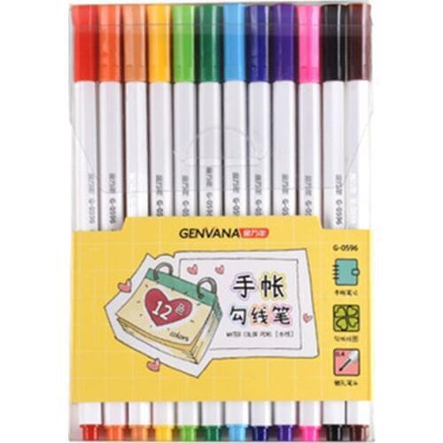 GENVANA G-0596 Hand Account Hook Line Pen Needle Pen 12 Colors Water-based Pen Girl Notes/Diary/Hand-copy Special Hand Drawn DIY