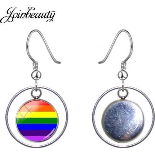 JOINBEAUTY Horizontal Stripe Rainbow Gay Pride Hooks Round Drop Earring Glass Art Picture Ear Jewelry For Women Lovers Gift BT08