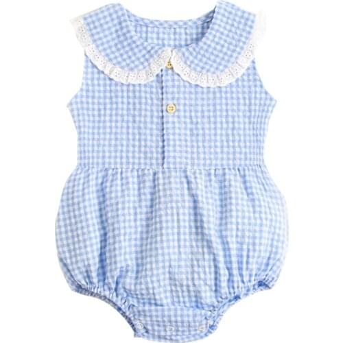 Newborn Infant Baby Girl Sleeveless Romper Summer Lapel Button Plaid Printed Jumpsuit Onesies Snap Crotch Tank Top Bodysuit 69HE