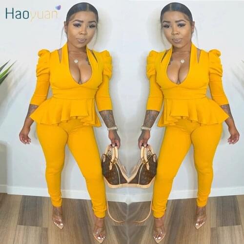 HAOYUAN Sexy two Piece Set Ruffles V Neck Top Fitness Pants Fall Outfits for Women Office Lady Clothing Loungewear Matching Sets