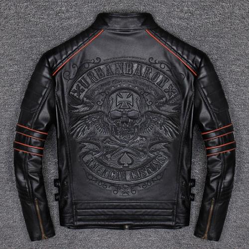 Spring Autumn Genuine Leather Jacket Men Embroidered Skull Casual Motorcycle Jacket Chaquetas Hombre Clothes Korean 2021 WPY2482