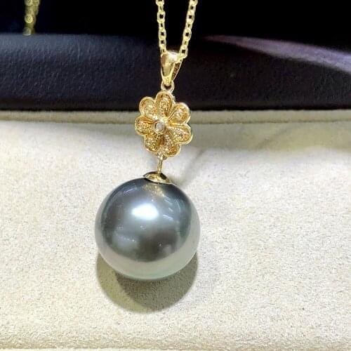 MADALENA SARARA 10-11mm Saltwater Pearl Black Tahiti 18K Gold VIntage Women Pendant Necklace O Chain Au750 Diamond Pave Setting