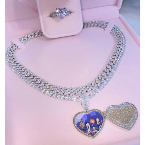 Heart Locket Picture Pendant Necklace 5A Tennis Chain Iced Out Bling Women Girl Jewelry