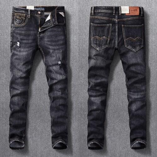 Italian Style Fashion Men Jeans Retro Black Gray Elastic Slim Fit Ripped Jeans For Men Streetwear Vintage Designer Denim Pants