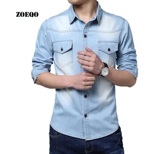 ZOEQO New Long Sleeve Men Denim Shirts Cotton Slim Fit Famous Brand Pockets Camiseta Masculina men shirts camisas hombre M-5XL