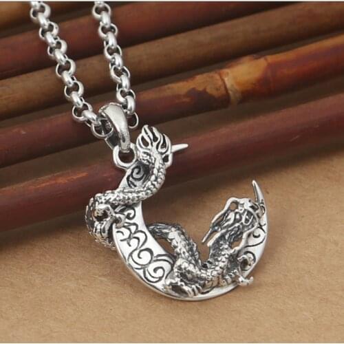 925 Sterling Silver men women dragon moon charm pendant Jewelry A1820