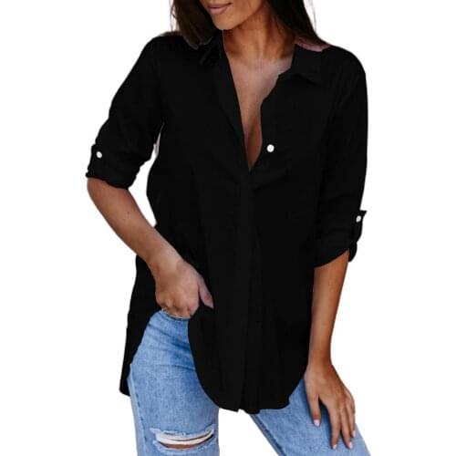 Lapel Shirt Women fashion Solid Color V Neck Long Sleeve All Match Casual Blouse for Party tops women 2021 Black xxl office wear