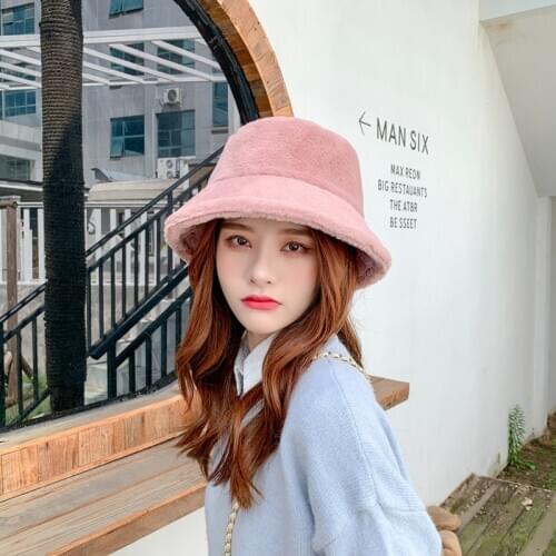 Hat Womens Winter Warmth Solid Color Faux Fur Lamb Hair Fisherman Solid Thick Japanese Simple Soft Girl Cute All-Match