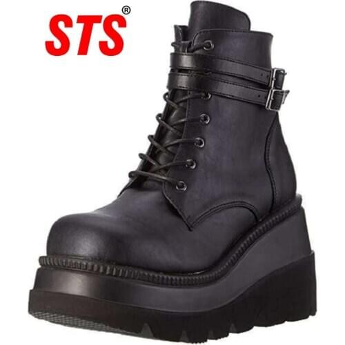 STS 2020 Metal Buckle Ankle Boots for Women Black White Punk Female Platform Boots Wedges High Heels Botas Boots Raise 6 - 8 cm
